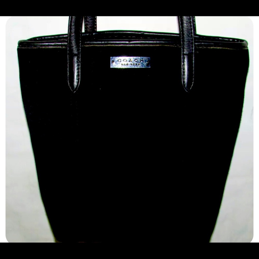 COACH-Vintage “90’s” Black Microfiber, Leather Trim & Strap Monogram Purse.